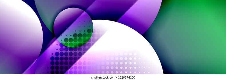 Fondo abstracto geométrico dinámico a la moda. Círculos, formas redondeadas, efectos de sombra 3d y gradientes de fluido. Formas redondeadas superpuestas modernas. Ilustración vectorial para papel de escritorio, pancarta, fondo, tarjeta