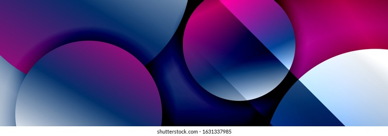 Plano de fundo abstrato geométrico da moda dinâmica. Círculos, formas arredondadas, efeitos de sombra 3d e gradientes de fluido. Formas redondas modernas sobrepostas. Ilustração De Vetor Para Papel De Parede, Banner, Plano De Fundo, Cartão