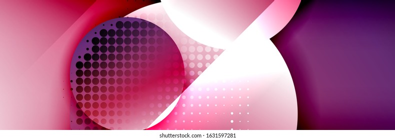 Dynamischer, geometrisch abstrakter Hintergrund. Kreise, runde Formen 3d Schatteneffekte und fließende Farbverläufe. Moderne überlappende Rundformen. Vektorgrafik für Bildschirmhintergrund, Banner, Hintergrund, Karte