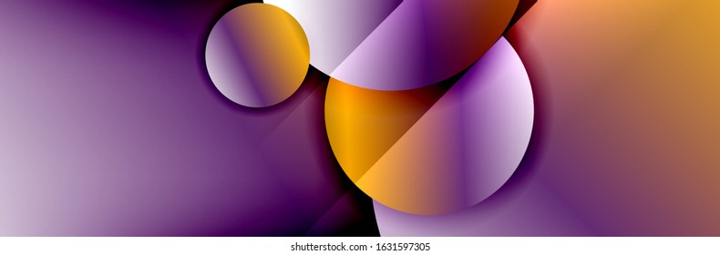 Fondo abstracto geométrico dinámico a la moda. Círculos, formas redondeadas, efectos de sombra 3d y gradientes de fluido. Formas redondeadas superpuestas modernas. Ilustración vectorial para papel de escritorio, pancarta, fondo, tarjeta