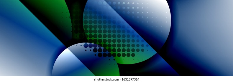 Fondo abstracto geométrico dinámico a la moda. Círculos, formas redondeadas, efectos de sombra 3d y gradientes de fluido. Formas redondeadas superpuestas modernas. Ilustración vectorial para papel de escritorio, pancarta, fondo, tarjeta