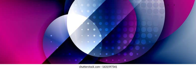 Fondo abstracto geométrico dinámico a la moda. Círculos, formas redondeadas, efectos de sombra 3d y gradientes de fluido. Formas redondeadas superpuestas modernas. Ilustración vectorial para papel de escritorio, pancarta, fondo, tarjeta