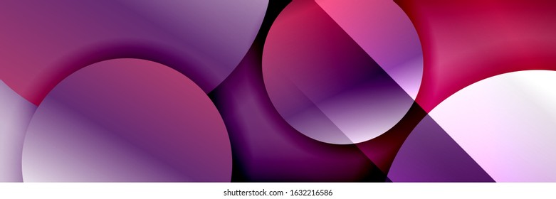 Fondo abstracto geométrico dinámico a la moda. Círculos, formas redondeadas, efectos de sombra 3d y gradientes de fluido. Formas redondeadas superpuestas modernas. Ilustración vectorial para papel de escritorio, pancarta, fondo, tarjeta