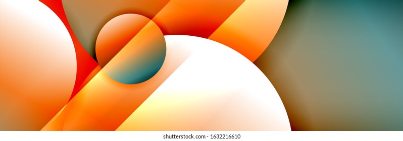 Fondo abstracto geométrico dinámico a la moda. Círculos, formas redondeadas, efectos de sombra 3d y gradientes de fluido. Formas redondeadas superpuestas modernas. Ilustración vectorial para papel de escritorio, pancarta, fondo, tarjeta