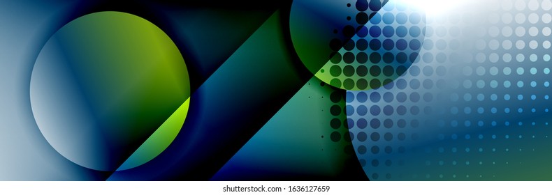 Fondo abstracto geométrico dinámico a la moda. Círculos, formas redondeadas, efectos de sombra 3d y gradientes de fluido. Formas redondeadas superpuestas modernas. Ilustración vectorial para papel de escritorio, pancarta, fondo, tarjeta