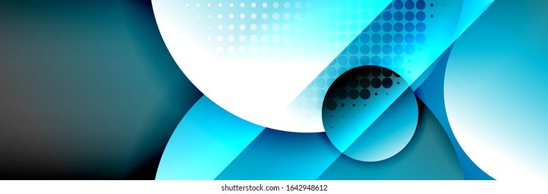Dynamic trendy geometrical abstract background. Circles, round shapes 3d shadow effects and fluid gradients. Modern overlapping round forms. Vector Illustration For Wallpaper, Banner, Background, Card