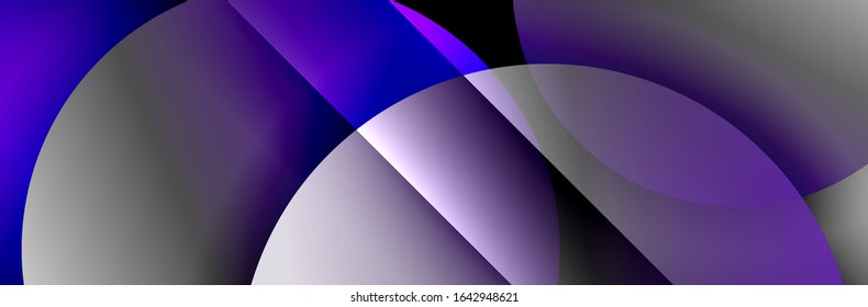 Dynamischer, geometrisch abstrakter Hintergrund. Kreise, runde Formen 3d Schatteneffekte und fließende Farbverläufe. Moderne überlappende Rundformen. Vektorgrafik für Bildschirmhintergrund, Banner, Hintergrund, Karte
