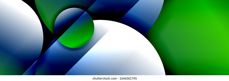 Fondo abstracto geométrico y dinámico. Círculos, formas redondeadas, efectos de sombra 3d y gradientes de fluido. Formularios redondos superpuestos modernos. Ilustración De Vector Para Papel De Fondo, Banner, Fondo, Tarjeta