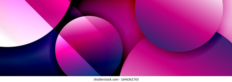 Fondo abstracto geométrico y dinámico. Círculos, formas redondeadas, efectos de sombra 3d y gradientes de fluido. Formularios redondos superpuestos modernos. Ilustración De Vector Para Papel De Fondo, Banner, Fondo, Tarjeta