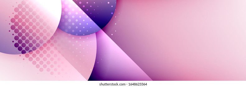 Dynamischer, geometrisch abstrakter Hintergrund. Kreise, runde Formen 3d Schatteneffekte und fließende Farbverläufe. Moderne überlappende Rundformen. Vektorillustration-Illustration für Bildschirmhintergrund, Banner, Hintergrund, Karte