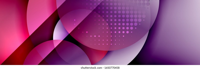 Fondo abstracto geométrico y dinámico. Círculos, formas redondeadas, efectos de sombra 3d y gradientes de fluido. Formularios redondos superpuestos modernos. Ilustración De Vector Para Papel De Fondo, Banner, Fondo, Tarjeta