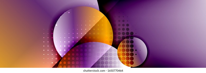 Fondo abstracto geométrico y dinámico. Círculos, formas redondeadas, efectos de sombra 3d y gradientes de fluido. Formularios redondos superpuestos modernos. Ilustración De Vector Para Papel De Fondo, Banner, Fondo, Tarjeta