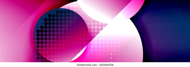 Fondo abstracto geométrico y dinámico. Círculos, formas redondeadas, efectos de sombra 3d y gradientes de fluido. Formularios redondos superpuestos modernos. Ilustración De Vector Para Papel De Fondo, Banner, Fondo, Tarjeta