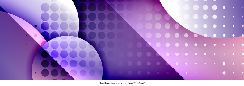 Fondo abstracto geométrico y dinámico. Círculos, formas redondeadas, efectos de sombra 3d y gradientes de fluido. Formularios redondos superpuestos modernos. Ilustración De Vector Para Papel De Fondo, Banner, Fondo, Tarjeta