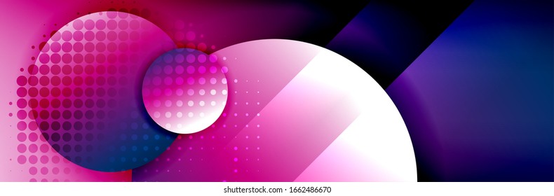 Fondo abstracto geométrico y dinámico. Círculos, formas redondeadas, efectos de sombra 3d y gradientes de fluido. Formularios redondos superpuestos modernos. Ilustración De Vector Para Papel De Fondo, Banner, Fondo, Tarjeta
