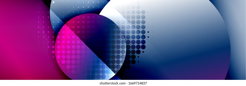 Fondo abstracto geométrico y dinámico. Círculos, formas redondeadas, efectos de sombra 3d y gradientes de fluido. Formularios redondos superpuestos modernos. Ilustración De Vector Para Papel De Fondo, Banner, Fondo, Tarjeta