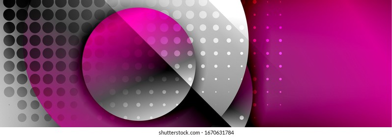 Fondo abstracto geométrico y dinámico. Círculos, formas redondeadas, efectos de sombra 3d y gradientes de fluido. Formularios redondos superpuestos modernos. Ilustración De Vector Para Papel De Fondo, Banner, Fondo, Tarjeta