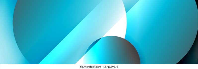 Fondo abstracto geométrico y dinámico. Círculos, formas redondeadas, efectos de sombra 3d y gradientes de fluido. Formularios redondos superpuestos modernos. Ilustración De Vector Para Papel De Fondo, Banner, Fondo, Tarjeta