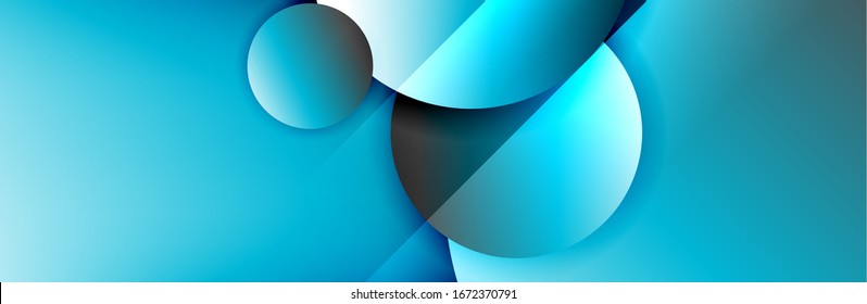 Fondo abstracto geométrico y dinámico. Círculos, formas redondeadas, efectos de sombra 3d y gradientes de fluido. Formularios redondos superpuestos modernos. Ilustración De Vector Para Papel De Fondo, Banner, Fondo, Tarjeta