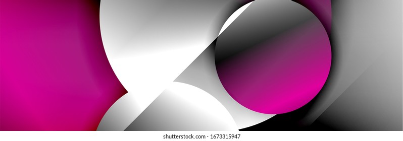 Fondo abstracto geométrico y dinámico. Círculos, formas redondeadas, efectos de sombra 3d y gradientes de fluido. Formularios redondos superpuestos modernos. Ilustración De Vector Para Papel De Fondo, Banner, Fondo, Tarjeta