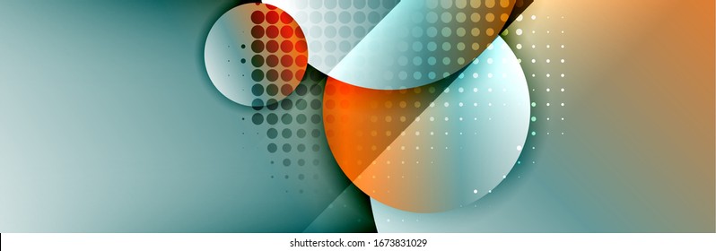 Dynamic trendy geometrical abstract background. Circles, round shapes 3d shadow effects and fluid gradients. Modern overlapping round forms. Vector Illustration For Wallpaper, Banner, Background, Card