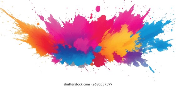 "Dynamic and Trendy Watercolor Art: A Bold Display of Vibrant Brush Strokes, Rainbow-colored Splatter, and Aquarelle Stains, Perfectly Set Against a Clean White Canvas for a Modern Artistic Touch"
