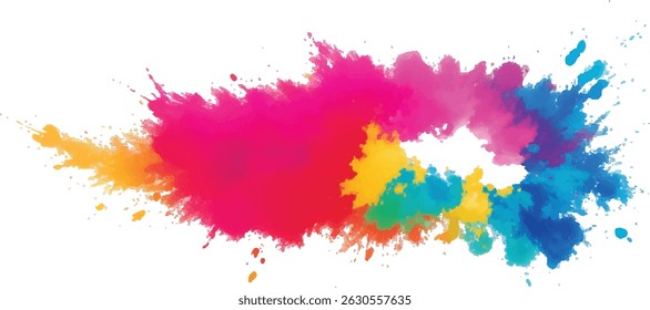 "Dynamic and Trendy Watercolor Art: A Bold Display of Vibrant Brush Strokes, Rainbow-colored Splatter, and Aquarelle Stains, Perfectly Set Against a Clean White Canvas for a Modern Artistic Touch"
