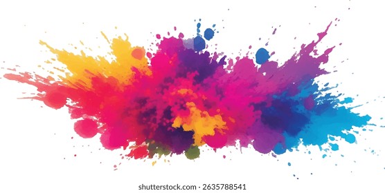 "Dynamic and Trendy Watercolor Art: A Bold Display of Vibrant Brush Strokes, Rainbow-colored Splatter, and Aquarelle Stains, Perfectly Set Against a Clean White Canvas for a Modern Artistic Touch"
