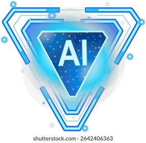 Dynamic triangular artificial intelligence chip on a circuit board on a transparent background, striking blue triangle with the abbreviation AI in its center