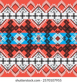 Dynamic tribal design with red, blue, and black geometric shapes, intricate diamond motifs, and cultural accents. Ideal for textiles, digital art, and decorative projects.