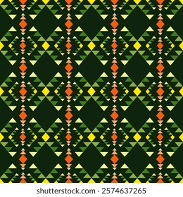 Dynamic tribal pattern featuring mesmerizing diamond formations in rich forest green, highlighted by intricate triangular designs in vibrant orange, yellow, and lime accents. perfect for eco fashion.
