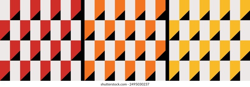 Patrón dinámico de tres colores: un diseño audaz con Formas diagonales rojas, naranjas y amarillas en una cuadrícula en blanco y negro. Perfecto para textiles modernos, Fondos de pantalla y proyectos de Diseño gráfico vibrantes.