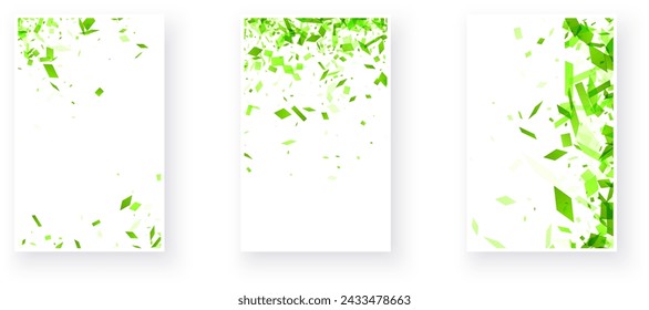 Un trío dinámico de fondos con un estallido vivo de confeti geométrico verde, que simboliza el crecimiento, la renovación y la celebración festiva en un diseño moderno y fresco.