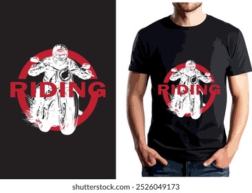 Um design de t-shirt dinâmica com um motociclista que anda de moto. O fundo do círculo vermelho em negrito enfatiza a palavra "EQUITAÇÃO", dando ao design uma sensação nervosa e aventureira.