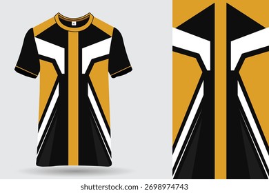 Dynamic t-shirt design template with geometric shapes and gold accents