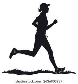 Dynamic t-shirt design of a woman running with a backpack and cap, depicted in a minimalist purple illustration style. Perfect for activewear, this energetic graphic captures movement and adventure.