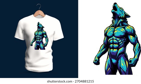 Ilustração vetorial de camiseta dinâmica de um lobo humanoide musculoso de pé alto enquanto uiva para cima, apresentando anatomia fortemente definida do peito e braço, texturas de pele em camadas, brilhante azul-petróleo e roxo