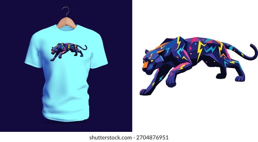 Dynamic t-shirt vector illustration of a sleek panther running low to the ground, stylized with electric lightning-shaped patterns in vivid neon purple, yellow, and blue tones across its body