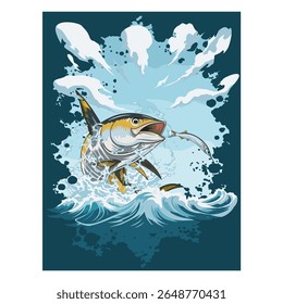 Dynamic tuna leaps, hunting a ballyhoo in an explosive ocean scene.