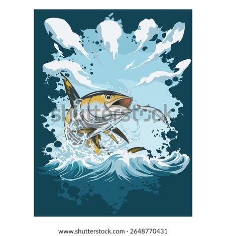 Dynamic tuna leaps, hunting a ballyhoo in an explosive ocean scene.