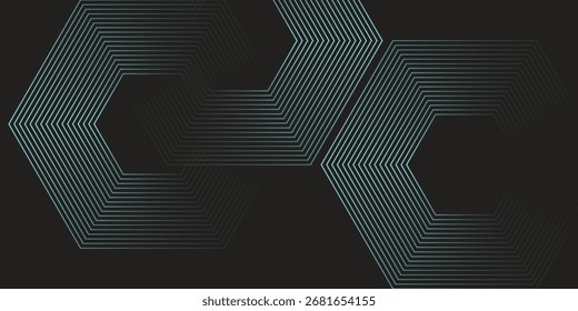 Linhas hexagonais de néon turquesa dinâmicas formam um impressionante padrão geométrico em um fundo preto, evocando tecnologia moderna, design futurista e estética digital