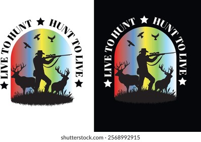 A dynamic typography t-shirt design with "Live to hunt, hunt to live," capturing the thrill and outdoor vibes.