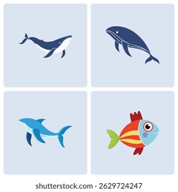 Dynamic Underwater Illustration Collection Magnificent Whales, Sharks, and Colorful Fishes