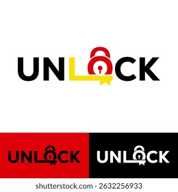 Logotipo dinâmico de marca de texto "Unlock" com cadeado e símbolo de chave