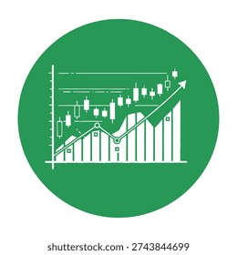 Dynamic upward trending financial chart showcasing growth and success with ascending bar and line graphs set against a vibrant green circular background for modern business presentations