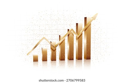 Gráfico de tendência ascendente dinâmico em tons de ouro, com ícones de casas e barras ascendentes em uma grade, simbolizando o mercado imobiliário em expansão e o sucesso do investimento