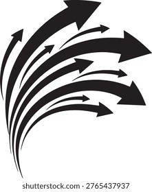 Dynamic upward-sweeping arrow cluster in stark black outline. Represents advancement strategy and forward momentum for business presentations.
