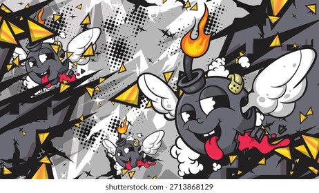 Dynamic urban graffiti background featuring funny cartoon bombs with wings and flames. Chaotic street art style with abstract shapes and halftone textures.