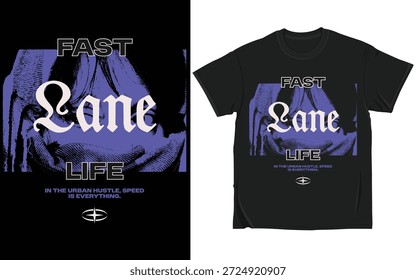 A dynamic urban t-shirt design inspired by speed, hustle, and modern city life. Featuring bold typography and abstract motion-style illustration, this artwork represents fast-paced urban culture and ambition. Ideal for apparel printing, streetwear fashion, merchandise, posters, and creative branding projects. Designed with strong contrast and a contemporary layout, suitable for both digital and print use.