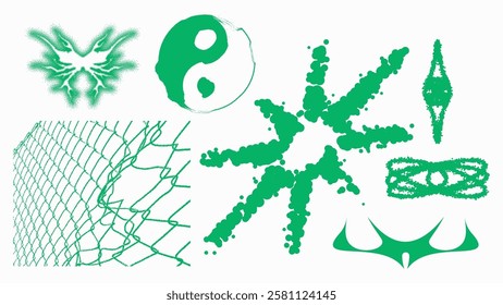 Dynamic and varied green abstract designs featuring unique shapes and textures.